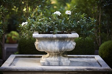 Potted Bay Laurels and Aged Marble Fountain: The Tuscan Herbalist Terrace Gardens - obrazy, fototapety, plakaty
