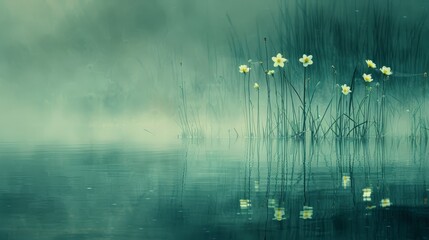   A painting of white flowers bobbing on a water surface, with reeds in the foreground, and a foggy sky shrouding the background