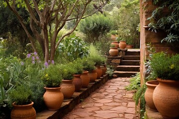 Tuscan Herbalist Terrace Gardens: Stone Pathway & Terracotta Urns Amid Herbal Plant Beds