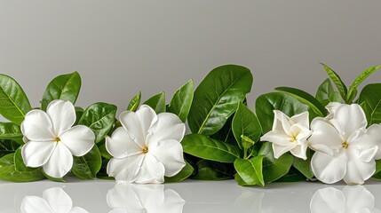   White flowers in a cluster sit atop a pristine table Nearby, a verdant green plant with leafy foliage stands