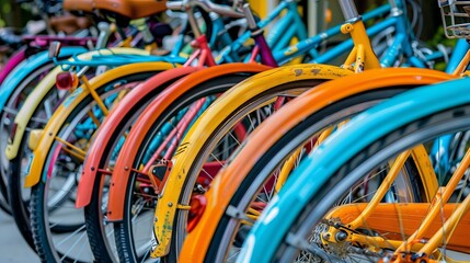 banner close up a row of parked bicycles of various colors and designs, Concept of sustainable transportation.