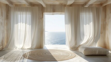 A white room with a view of the ocean. The curtains are open, letting in the sunlight and the sound of the waves. The room is empty, with a rug in the center and a pillow on the floor - obrazy, fototapety, plakaty