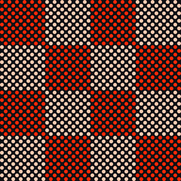 red dots on black geometric abstract pattern. Seamless background for fabric garment design