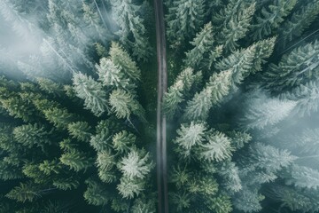 Drone captures eco-friendly transport on forest highway, with hydrogen truck and electric car in motion.. Beautiful simple AI generated image in 4K, unique.