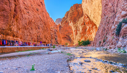 Todra Gorge (Toudgha Gorge) a natural oasis by the Todra River. Tinghir, Morocco.