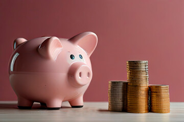 Piggy bank and coin stacks against pink background representing long-term financial planning