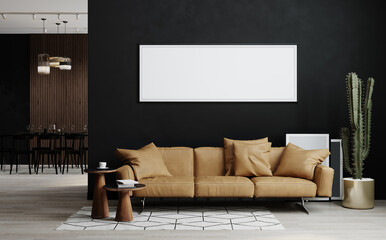 Blank picture frame mock up in dark room interior, 3d rendering