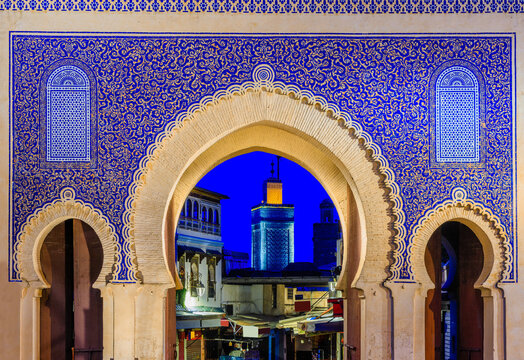 Fez or Fes, Morocco. Detail of Bab Bou Jeloud gate (or Blue Gate)