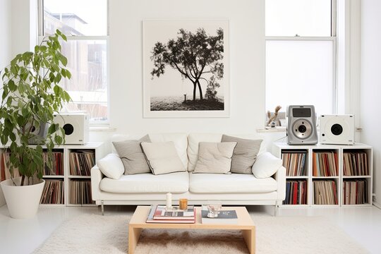 Vintage Scandinavian Design: Minimalist Vinyl Music Lounge with White Walls and Airy Space