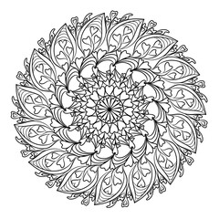 mandala drawing isolated on white background. Abstract heart pattern. Black element for coloring pages
