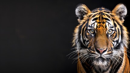   A tight shot of a tiger's face against a black backdrop, its surroundings softly blurred