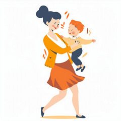 Cartoon Woman in Yellow Cardigan Happily Holding Child, Playful  Illustration