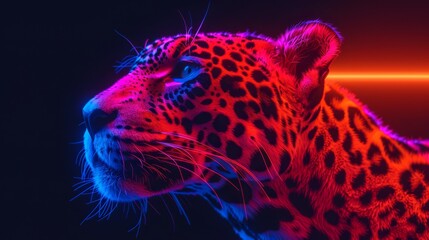   A tight shot of a leopard's face illuminated by a red and blue light in its center