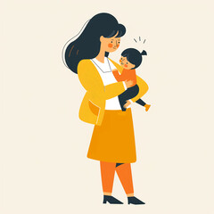 Cartoon Woman in Yellow Cardigan Happily Holding Child, Playful  Illustration
