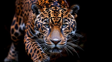 Obraz premium A tight shot of a leopard's face against a black backdrop, its visage slightly blurred