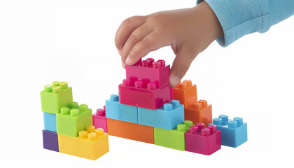 Kid hand building up a wall by stacking up the colorful wall block brick toy for banner, children sale promotion, flyer, online shop, poster, web, ads, and social media. Toddler Playing with colorful