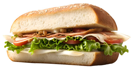 A perfectly stacked triple decker club sandwich filled with turkey, ham, cheese, and tomatoes, ready to be devoured, in a close-up view.