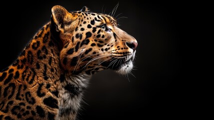   A tight shot of a leopard's face against a black backdrop, head slightly tilted to the left - obrazy, fototapety, plakaty