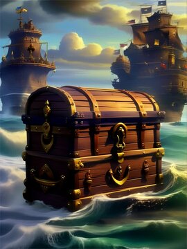 a painting of a pirate chest in the ocean