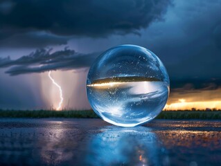 Stormy Reflections Thunderstorm Captured Inside Glass Orb - obrazy, fototapety, plakaty