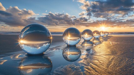 Sunrise Orbs Glass Spheres Reflecting Sky and Sea on Beach - obrazy, fototapety, plakaty
