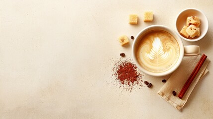 Obraz na płótnie Canvas A cup of coffee on a saucer Nearby, a bowl of sugar cubes and chopsticks