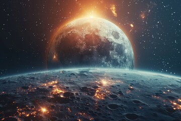A breathtaking digital artwork showcasing a sunrise illuminating the craters and surface of a...