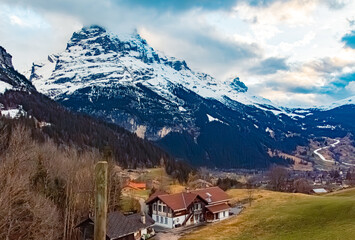 Alpine view on a cloudy spring day at Grindelwald, Interlaken-Oberhasli, Bern, Switzerland