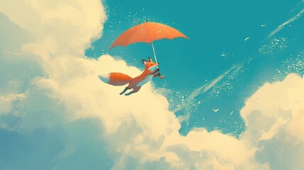 Naklejka premium A playful scene captured through a 2d illustration shows a young fox joyfully soaring through the skies on an umbrella