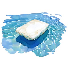 A minimalist watercolor of a pumice stone floating in clear water, its lightness and porous texture a contrast to the fluid blues, white background, vivid watercolor, 100 isolate - obrazy, fototapety, plakaty