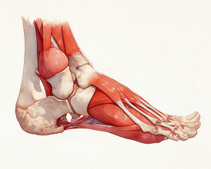 A minimalist watercolor of the foot muscles and arch, focusing on the intricate network supporting locomotion, soft arches and detailed anatomy, white background, vivid watercolor, 100 isolate