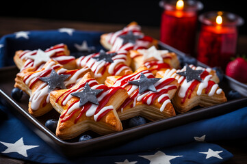 Star-shaped puff pastry cookies with blueberry on tray, decorated with stars, white, and red glaze. Horizontal, side view on dark background.