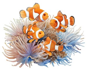 Fototapeta na wymiar A playful depiction of Clownfish among anemones, bright oranges against contrasting whites, white background, vivid watercolor, 100 isolate