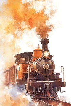 A playful depiction of an Indian railway adventure, featuring steam locomotives and scenic routes, earthy tones and warm oranges, white background, vivid watercolor, 100% isolate