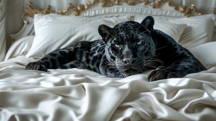   A large black leopard reclines next to a white comforter on the bed