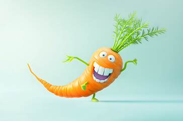 Funny carrot dances smiling on blue background. Cartoon vegetable character with green leaves in studio. Teaching kids to eat healthy food