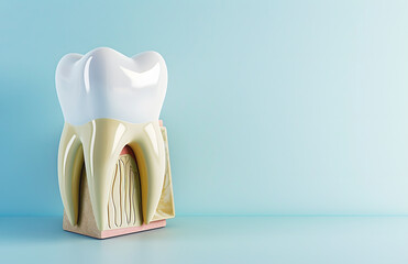 Shiny plastic healthy human tooth model on blue background. Molar with roots in gingiva structure and place for design at dentistry
