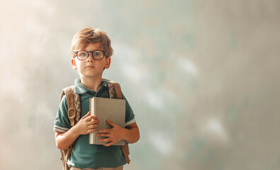 Little blond schoolboy in glasses with backpack holds thick book in hands. Diligent pupil prepares for productive school lessons in morning