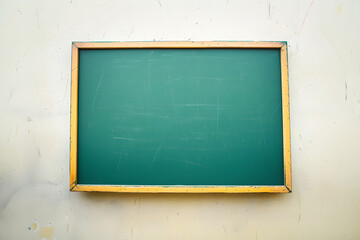 School chalkboard with wooden frame hangs on wall in classroom. Spacious green board with chalk marks on surface after literature lessons