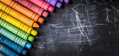 Blackboard adorned with colored chalk set for creative drawing. Available art tools for children to spark imagination during art lessons