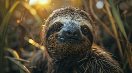 Naklejka premium A tight shot of a sloth amidst the grass, sun filtering through tree leaves overhead
