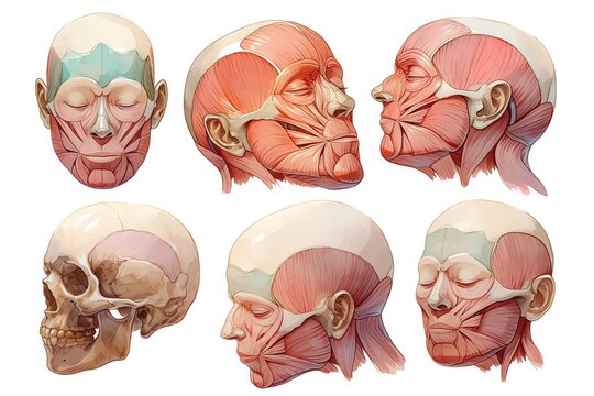 A rustic illustration of the facial muscles, showing expressions and their underlying structures, a blend of educational and artistic styles, pastel hues and detailed lines, white background, vivid wa