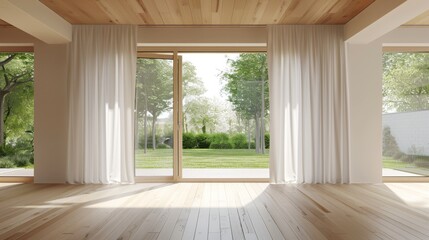 A large open living room with a view of a lush green yard. The room is empty and features white curtains and wooden floors