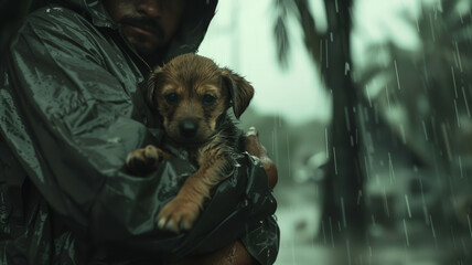 A black man holds a small dog in his arms during a thunderstorm and hurricane. The dog is wet, and the man is wearing a raincoat - obrazy, fototapety, plakaty