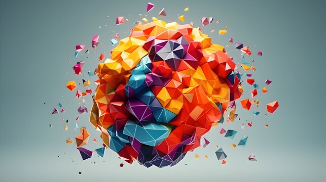  Witness the convergence of imagination and intellect in a captivating 3D polygon colorful brain splash, symbolizing the boundless possibilities of brainstorming and inspiration, brought to life with 