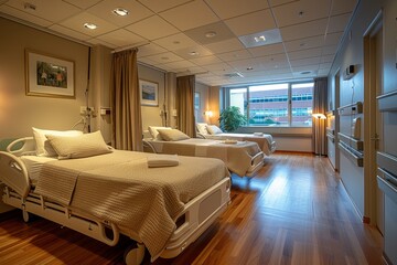 A well-equipped, twin-bed hospital room prepared to welcome and care for patients in need
