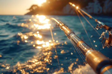Close-up of fishing rods with reels on a boat during sunset, showcasing an exciting fishing adventure - Powered by Adobe