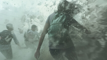 A group of people were caught in the epicenter of the hurricane. A woman with a backpack runs away from the destructive elements.