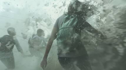 Fototapeta premium A group of people were caught in the epicenter of the hurricane. A woman with a backpack runs away from the destructive elements.