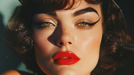 a captivating image of a mid-century woman with a flawless complexion, subtle winged eyeliner, and a bold red lip, capturing the essence of vintage Hollywood glamour.